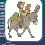 Happy young boy riding donkey with big sack embroidery designs - Instant Download