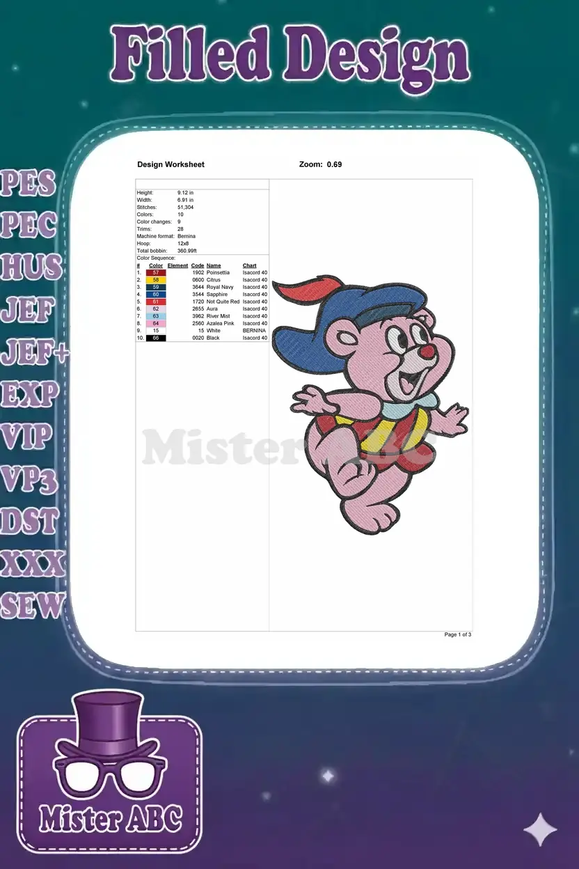 Embroidery design worksheet for Tummi Gummi, detailing dimensions, stitch count, and thread color sequence.