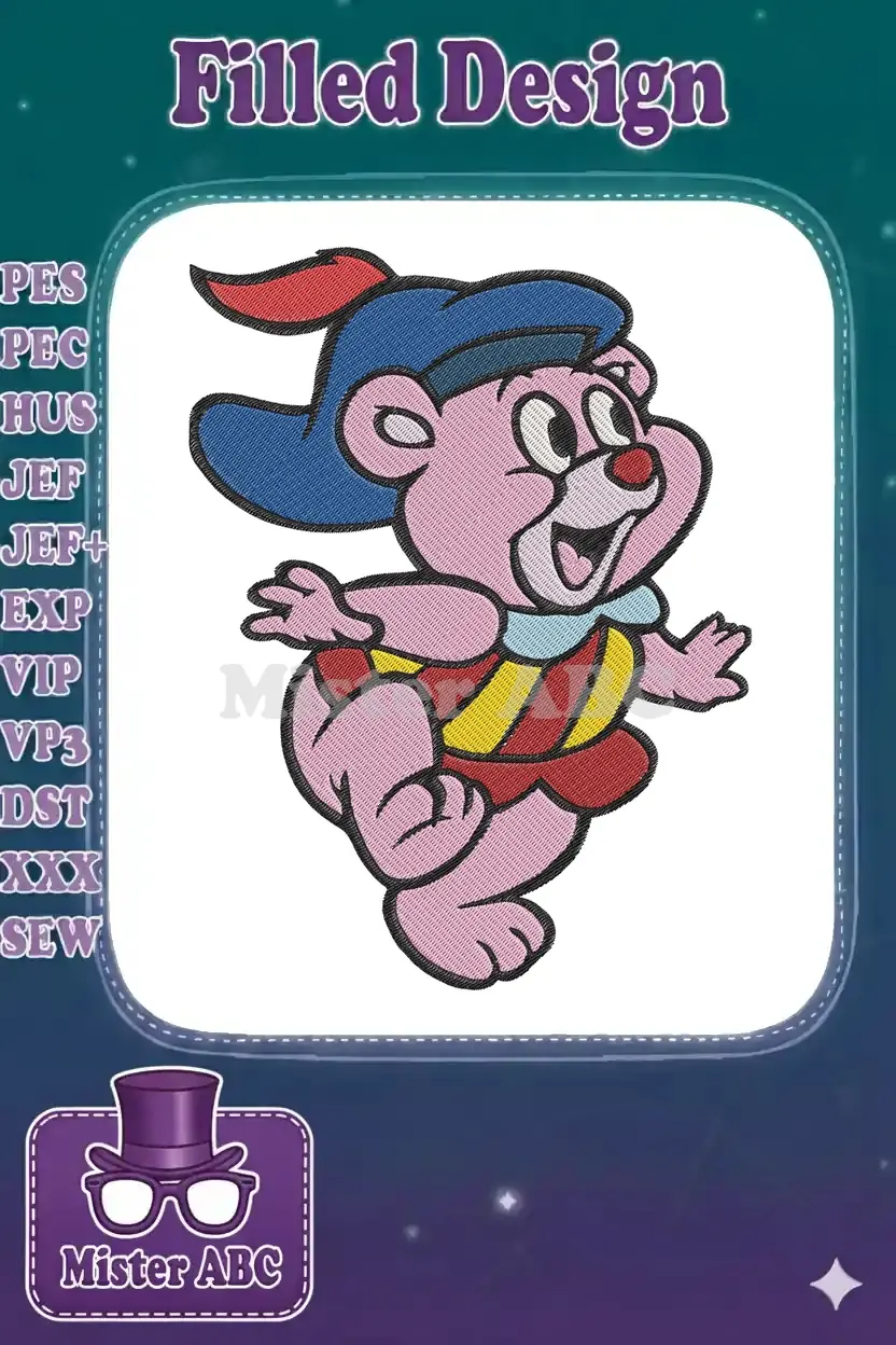 Vibrant embroidery design featuring Tummi Gummi, the cheerful pink Gummy Bear, in a dynamic pose for apparel.