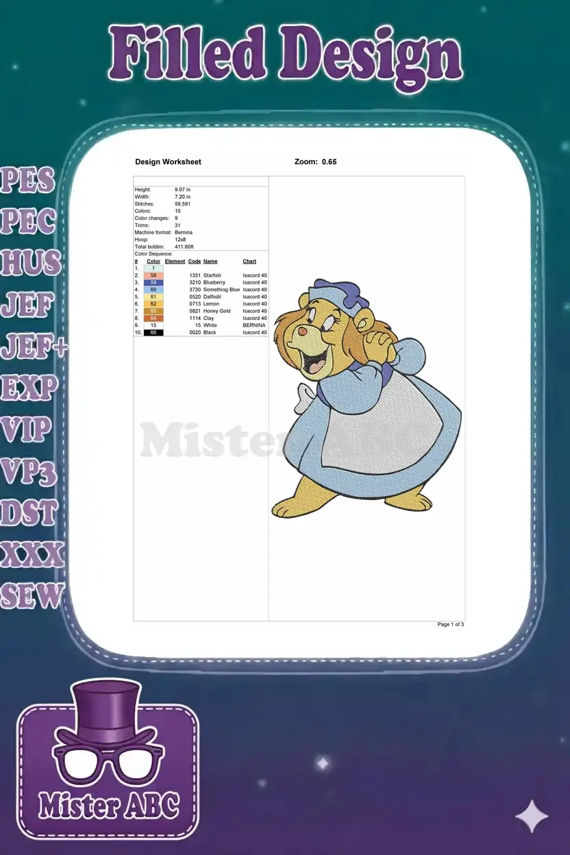 Detailed embroidery design worksheet showing dimensions, stitch count, color sequence, and machine compatibility.