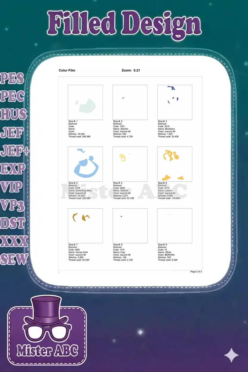 First page of the color film, illustrating individual stitch stops and thread usage for the embroidery design.