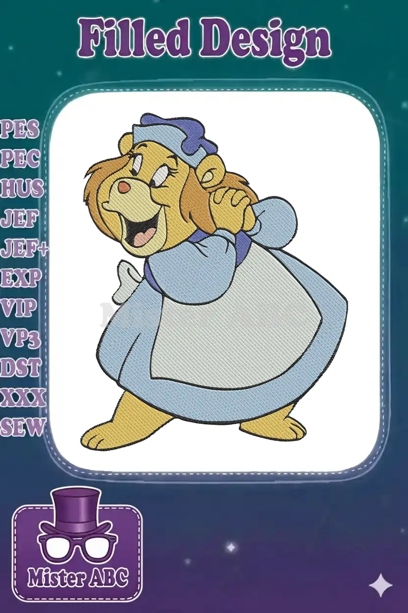 High-quality embroidery design of a cheerful cartoon lioness in a blue maid's outfit, ready for stitching.