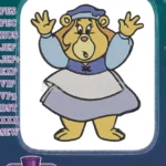 Surprised Cartoon Bear Girl in Blue Dress Embroidery Designs - Instant Download