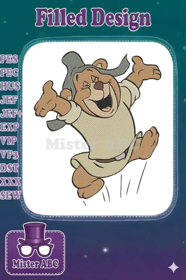 A vibrant embroidery design of Zummi Gummi from Disney's Gummi Bears, joyfully leaping with arms outstretched.