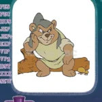 Grumpy Gummi Bear on log with mushrooms embroidery designs - Instant Download