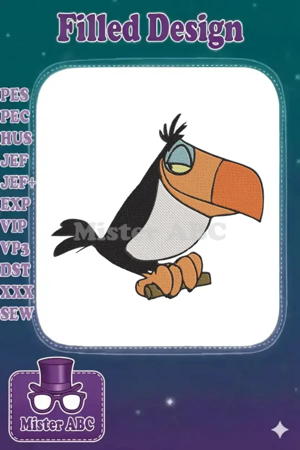 A vibrant cartoon toucan embroidery design, featuring a black body, orange beak, and sleepy blue eyes, on a white background.