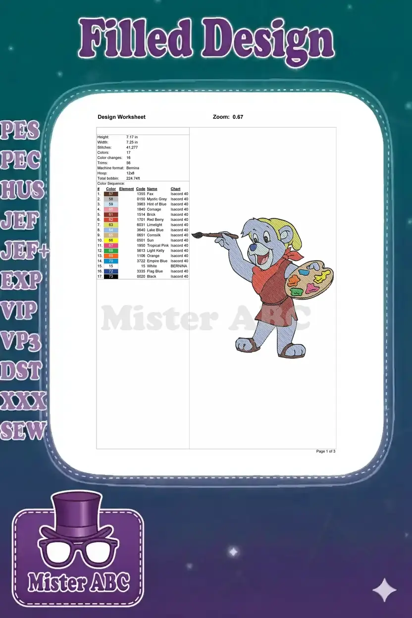 Detailed embroidery design worksheet for Cubbi Gummi, showing dimensions, stitch count, and comprehensive color chart.