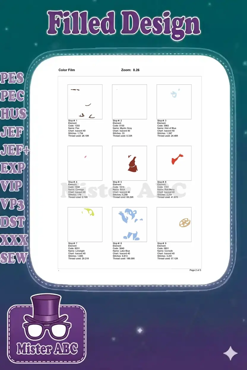 First page of the embroidery color film, illustrating the initial nine color elements and their stitch sequences.