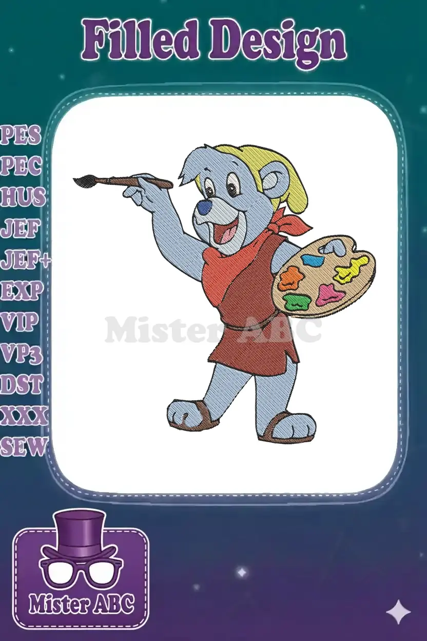 Vibrant Cubbi Gummi embroidery design featuring the beloved bear holding a paintbrush and colorful artist's palette.