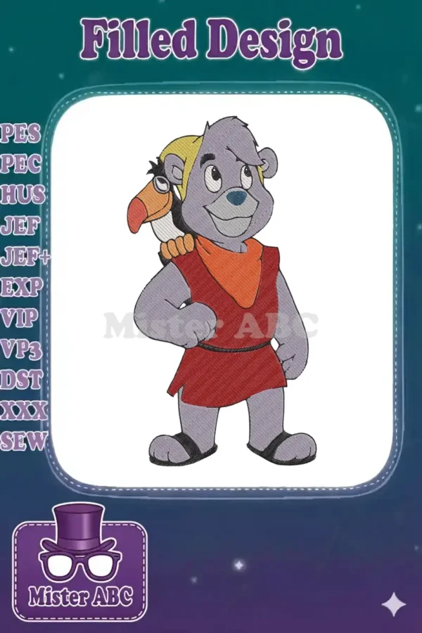 Vibrant embroidery design of a purple Gummi Bear-like character in red tunic, with an orange-beaked toucan.