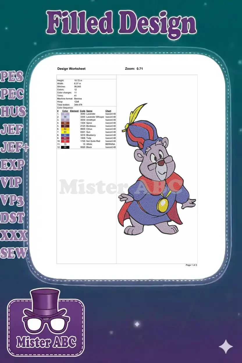 A detailed embroidery design worksheet displaying dimensions, stitch count, thread colors, and machine format.