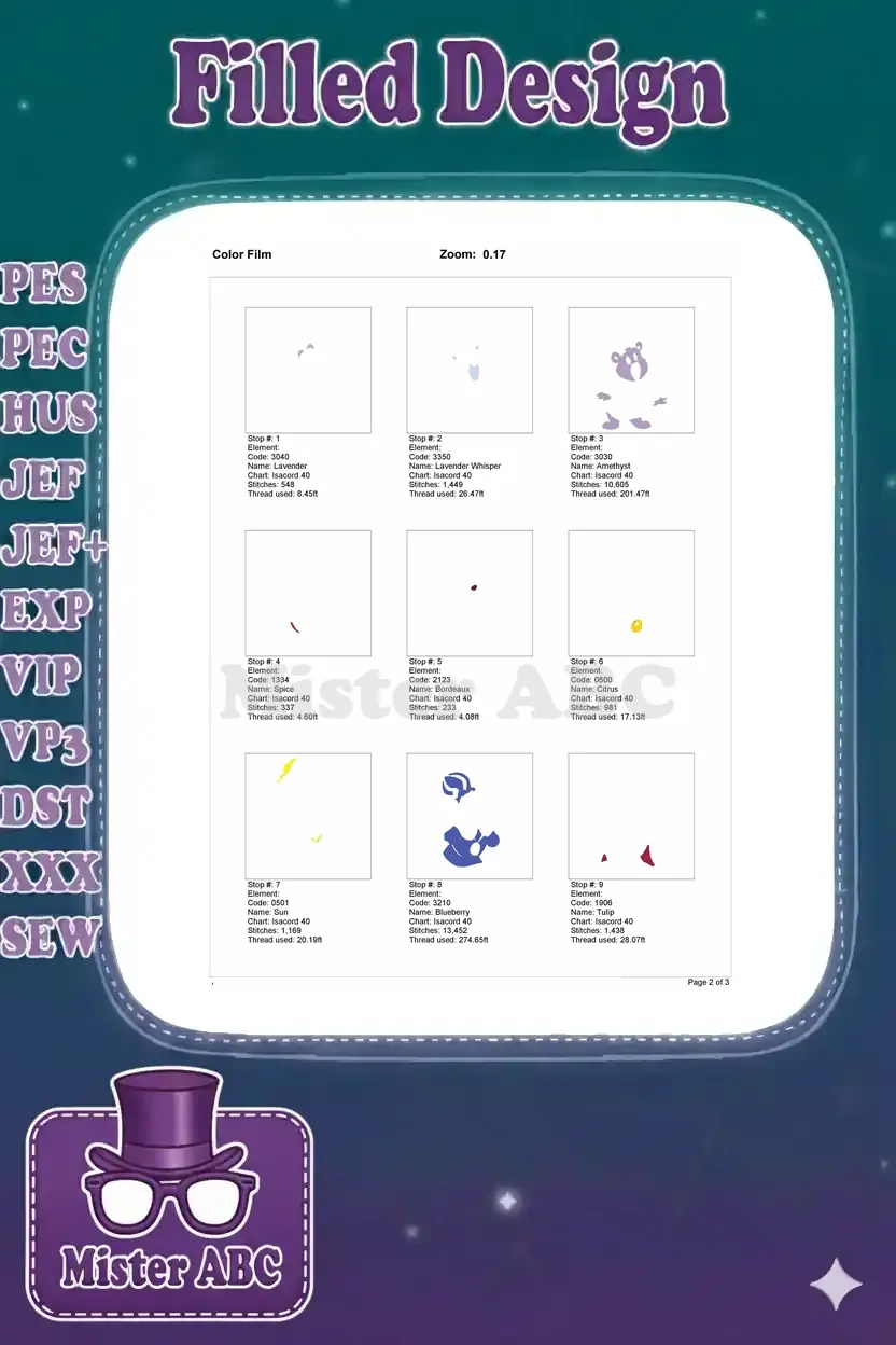 First page of the Color Film, illustrating the initial stitch sequences for the Zummi Gummi embroidery design.