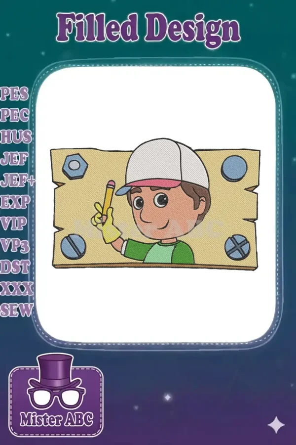A cheerful Handy Manny embroidery design, wearing a cap and yellow gloves, holding a pencil against a textured background.