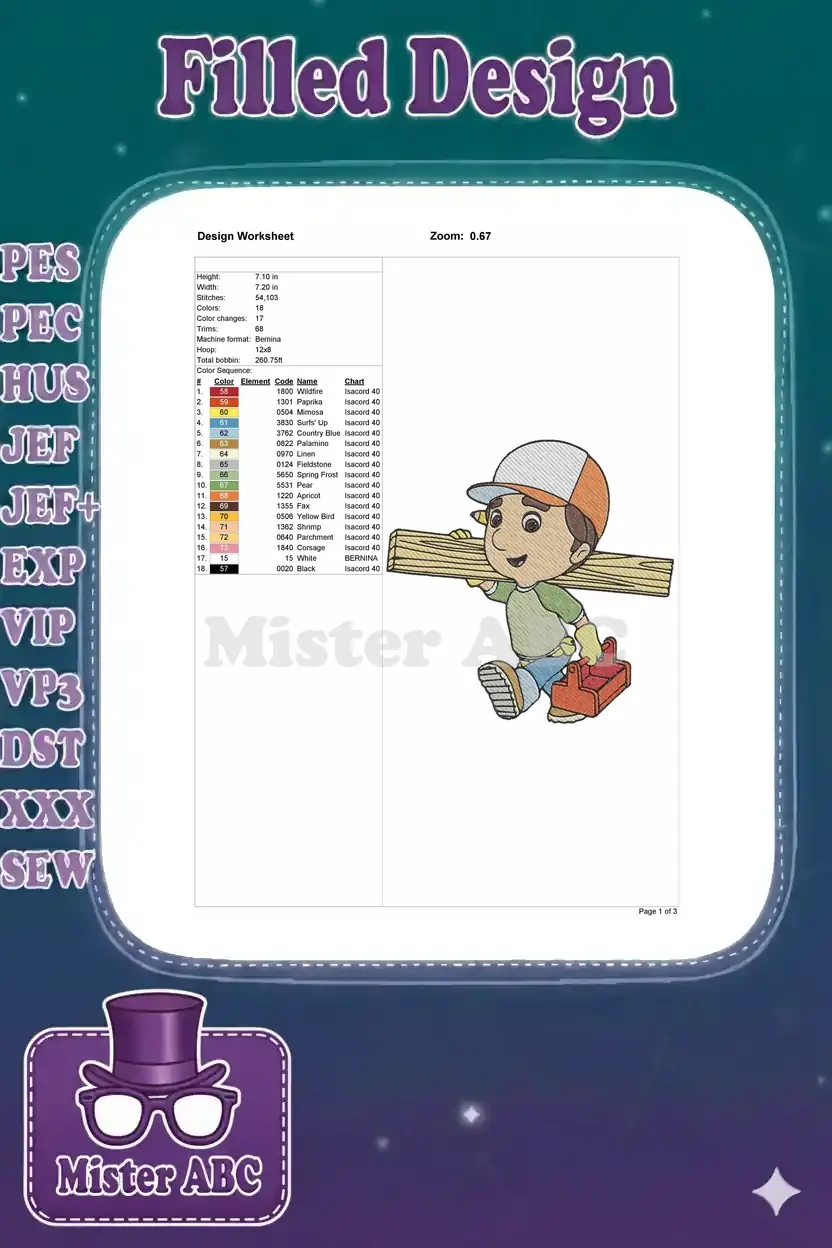 Detailed embroidery design worksheet for Handy Manny, showing stitch count, colors, and machine specifications.