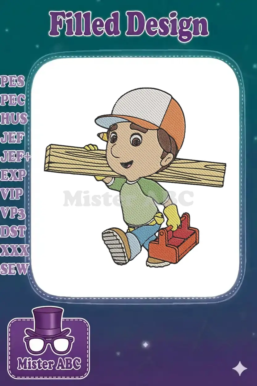 Vibrant embroidery design of Handy Manny carrying a wooden plank and a red toolbox, ready for action.