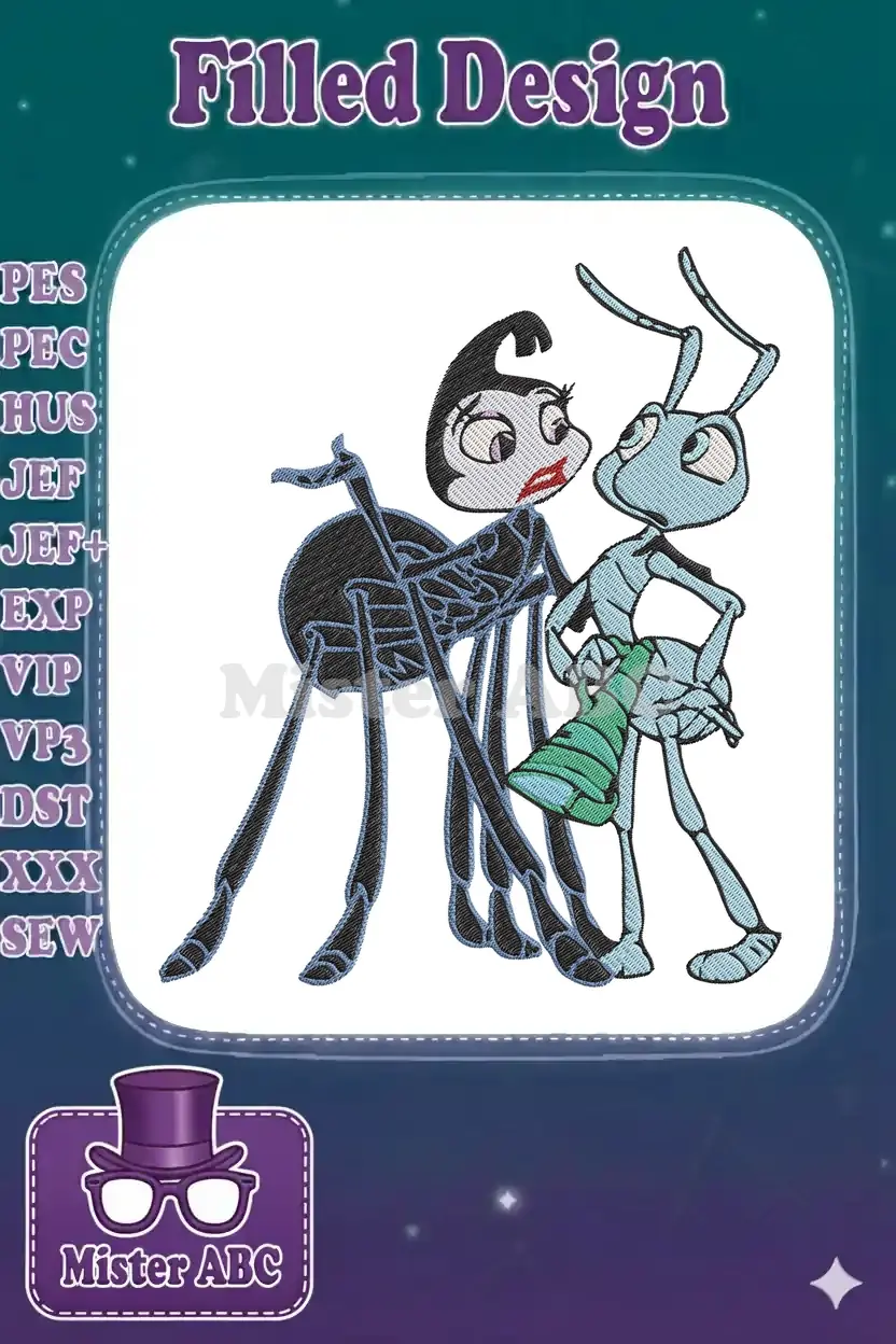 Detailed embroidery of Rosie the black widow spider and Slim the stick insect from A Bug's Life, interacting.