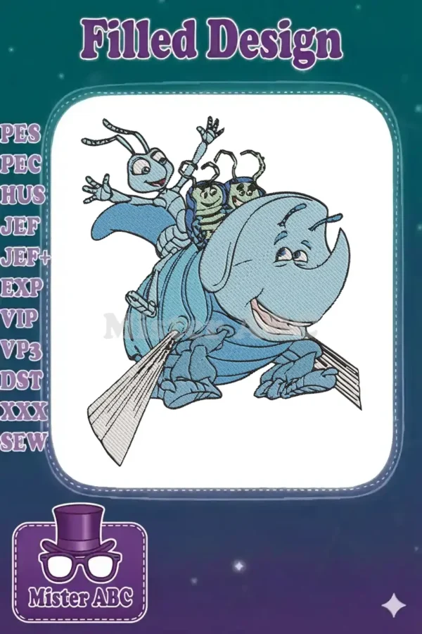 A vibrant embroidery design of Flik the ant, Heimlich the caterpillar, and Dim the rhino beetle from A Bug's Life, riding together.
