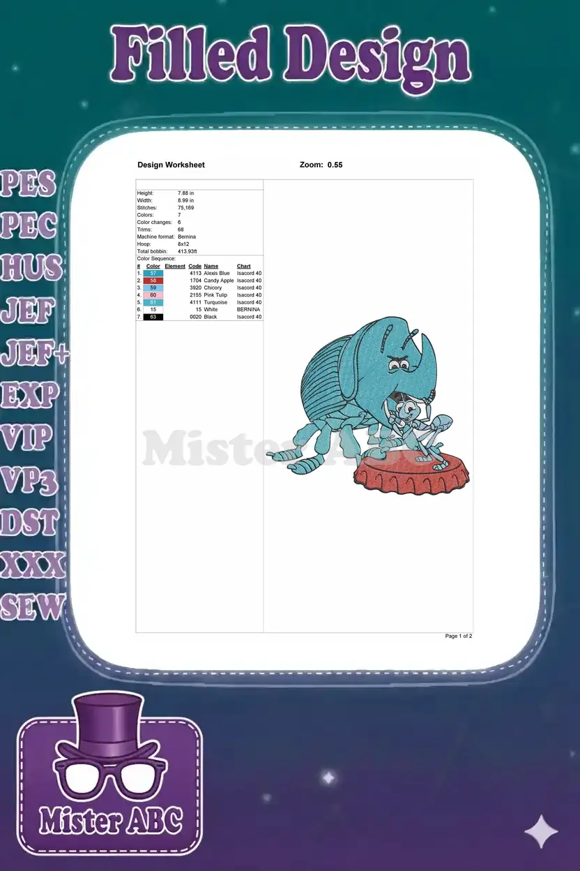 Design worksheet for the A Bug's Life embroidery, detailing dimensions, stitch count, colors, and thread types.