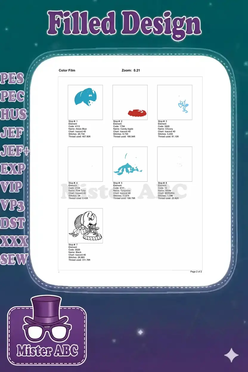 Color film breakdown illustrating each stitching sequence and thread usage for the A Bug's Life design.