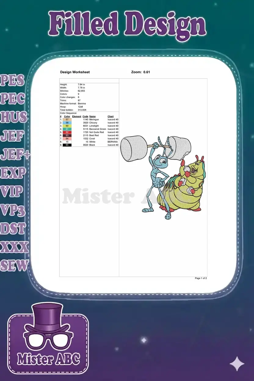 A design worksheet providing technical specifications for the embroidery, including dimensions, stitch count, and color sequence.