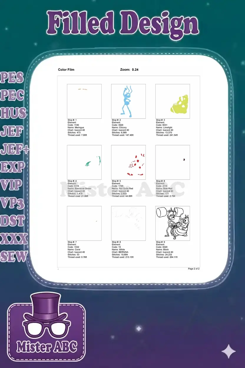 A color film breakdown showing the sequential application of each color in the embroidery design, stop by stop.