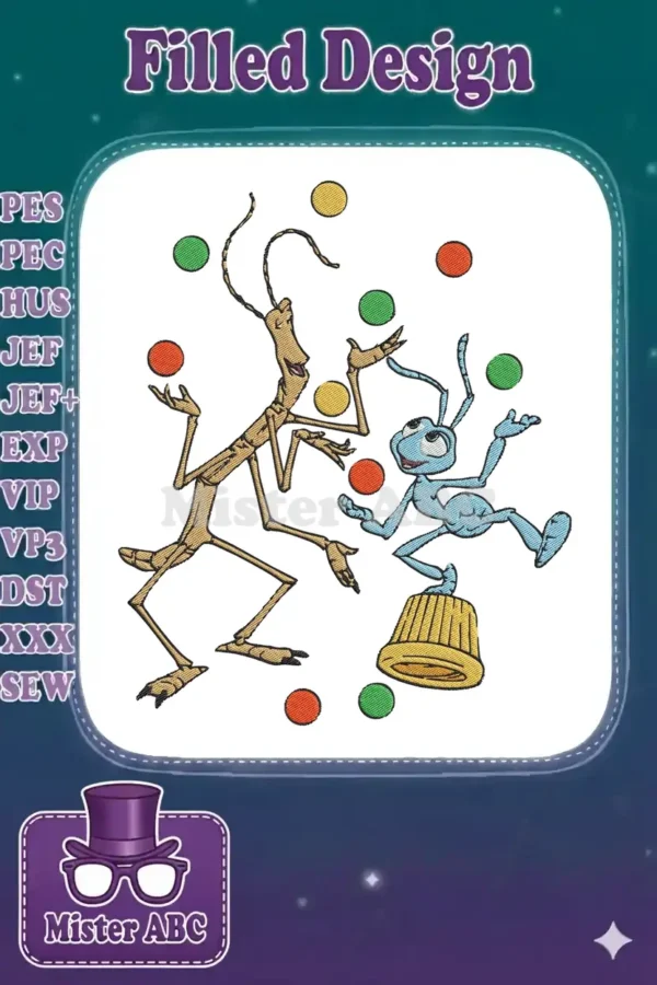 Flik and Slim from A Bug's Life cheerfully juggling colorful balls, a vibrant and detailed character embroidery design.