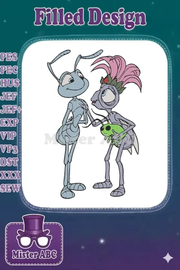 Flik and Princess Atta from A Bug's Life, a vibrant embroidery design featuring the beloved ant characters.