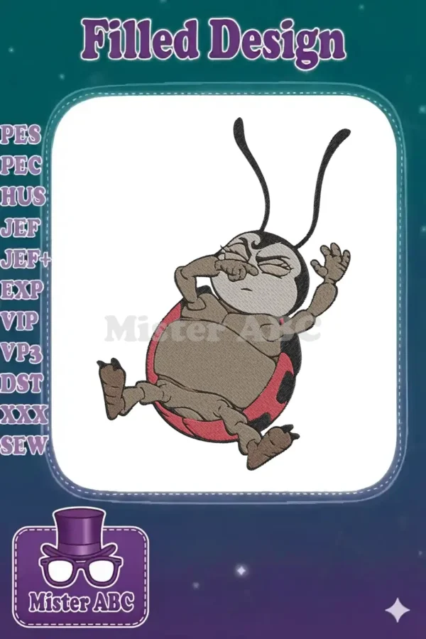 Detailed embroidery of Manny the ladybug from A Bug's Life, featuring rich textures and expressive pose.