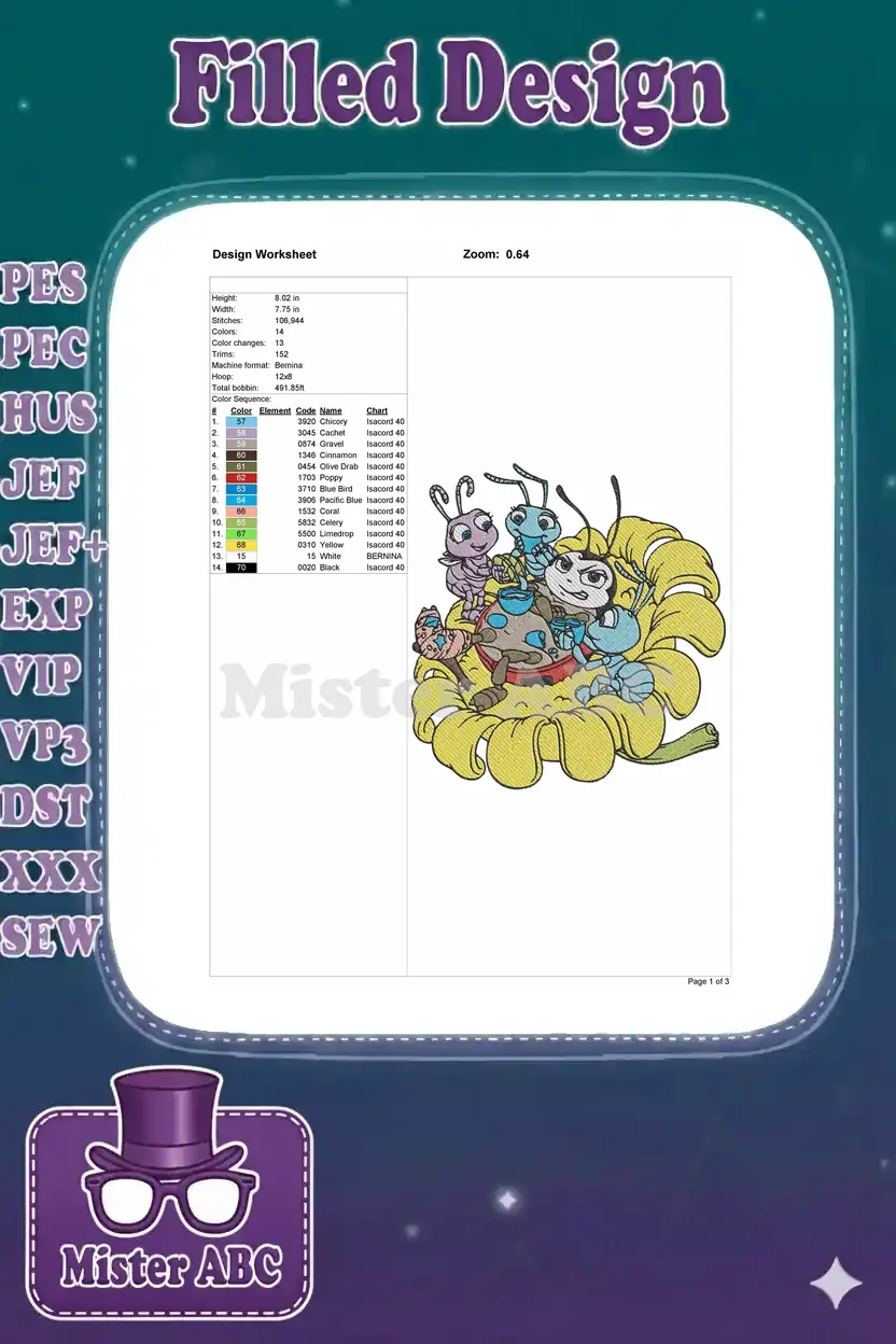 Embroidery design worksheet detailing dimensions, stitch count, color sequence, and machine compatibility.