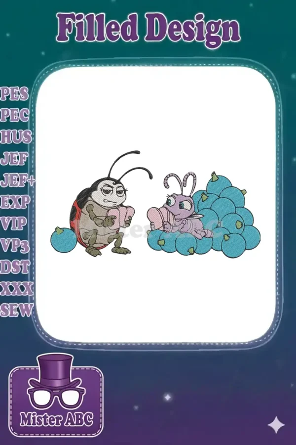 Embroidery design of Francis the ladybug looking stern, and Dot the ant princess happily sitting on blueberries.