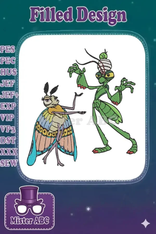 Vibrant embroidery design featuring two beloved insect characters, a praying mantis and a moth, from A Bug's Life.