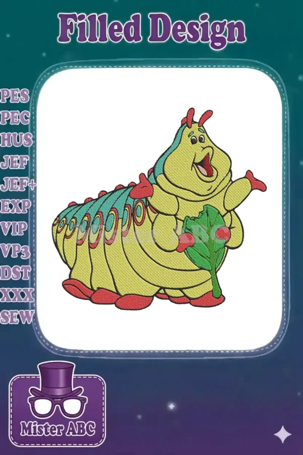 Cheerful Heimlich caterpillar embroidery design, featuring vibrant yellow-green body, teal stripes, and a green leaf.