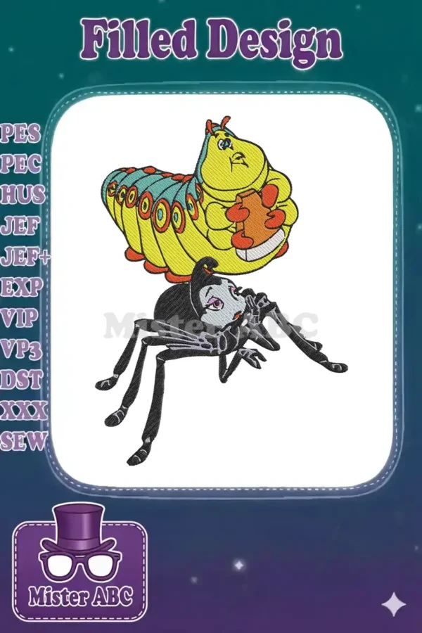 Vibrant embroidery design featuring Heimlich the caterpillar and Princess Atta, ready for your next project.