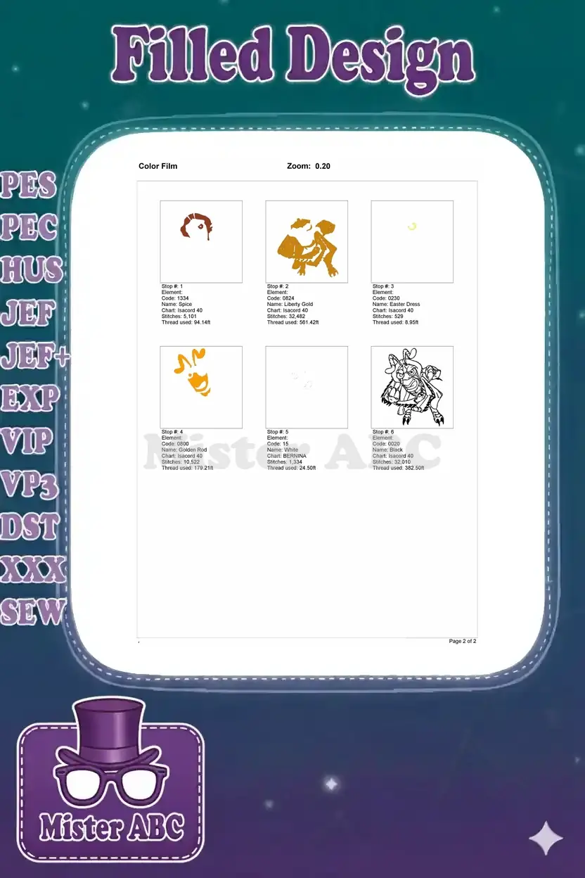 Color film breakdown for the Hopper embroidery design, illustrating the exact stitching sequence for each color element.