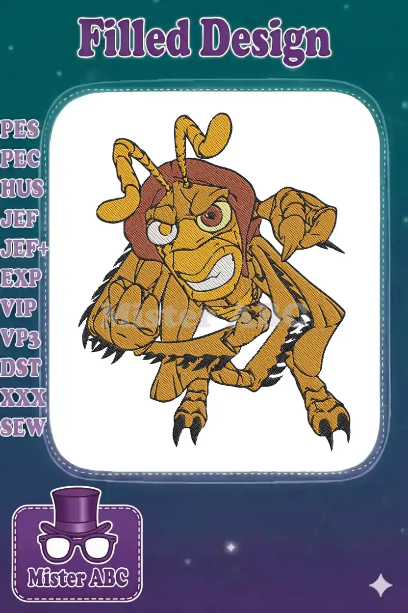 Vibrant machine embroidery design featuring Hopper, the menacing grasshopper from A Bug's Life, in a dynamic pose.