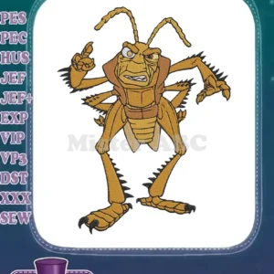 A close-up, high-quality embroidery design of Hopper, the menacing grasshopper from Disney's A Bug's Life, in a pointing pose.