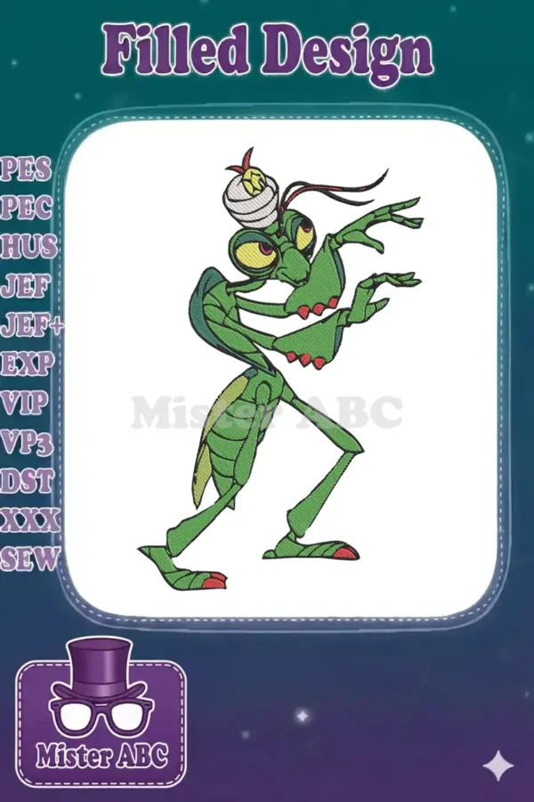 Manny the Mantis embroidery design from A Bug's Life, vibrant green with intricate details and a white turban.