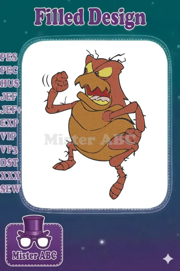 Close-up of a vibrant, angry cartoon flea embroidery design, showcasing its detailed texture and bold expression.