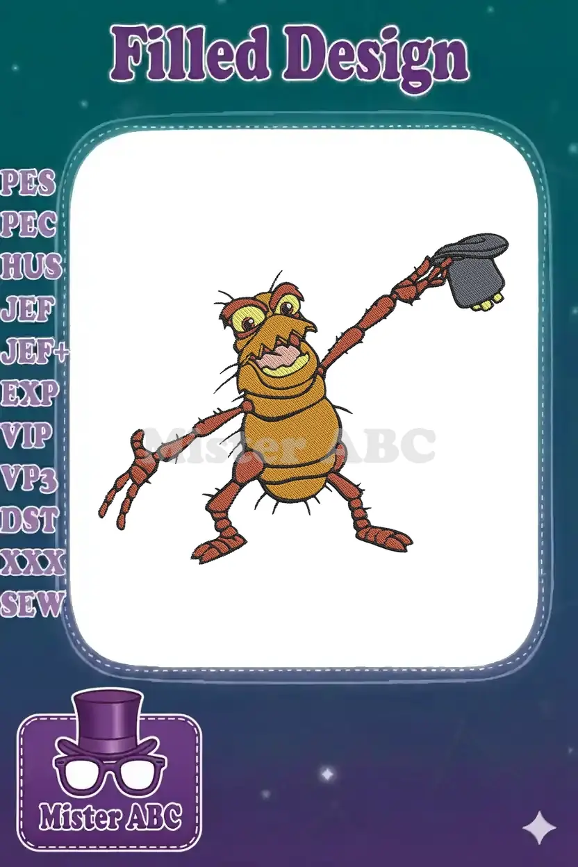 Vibrant embroidery design of Francis the Flea from Disney Pixar's A Bug's Life, ready to stitch on any fabric.