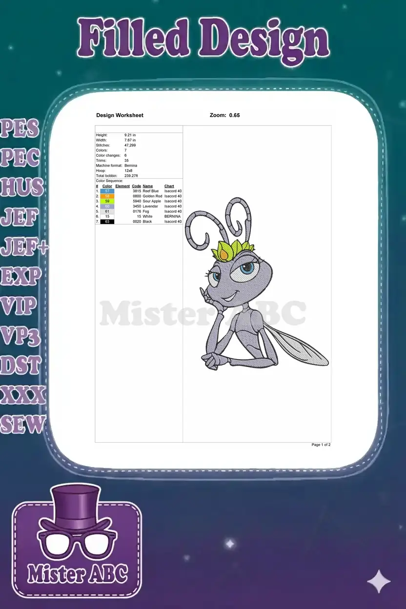 A detailed embroidery design worksheet for Princess Atta, displaying dimensions, stitch count, colors, and machine compatibility.