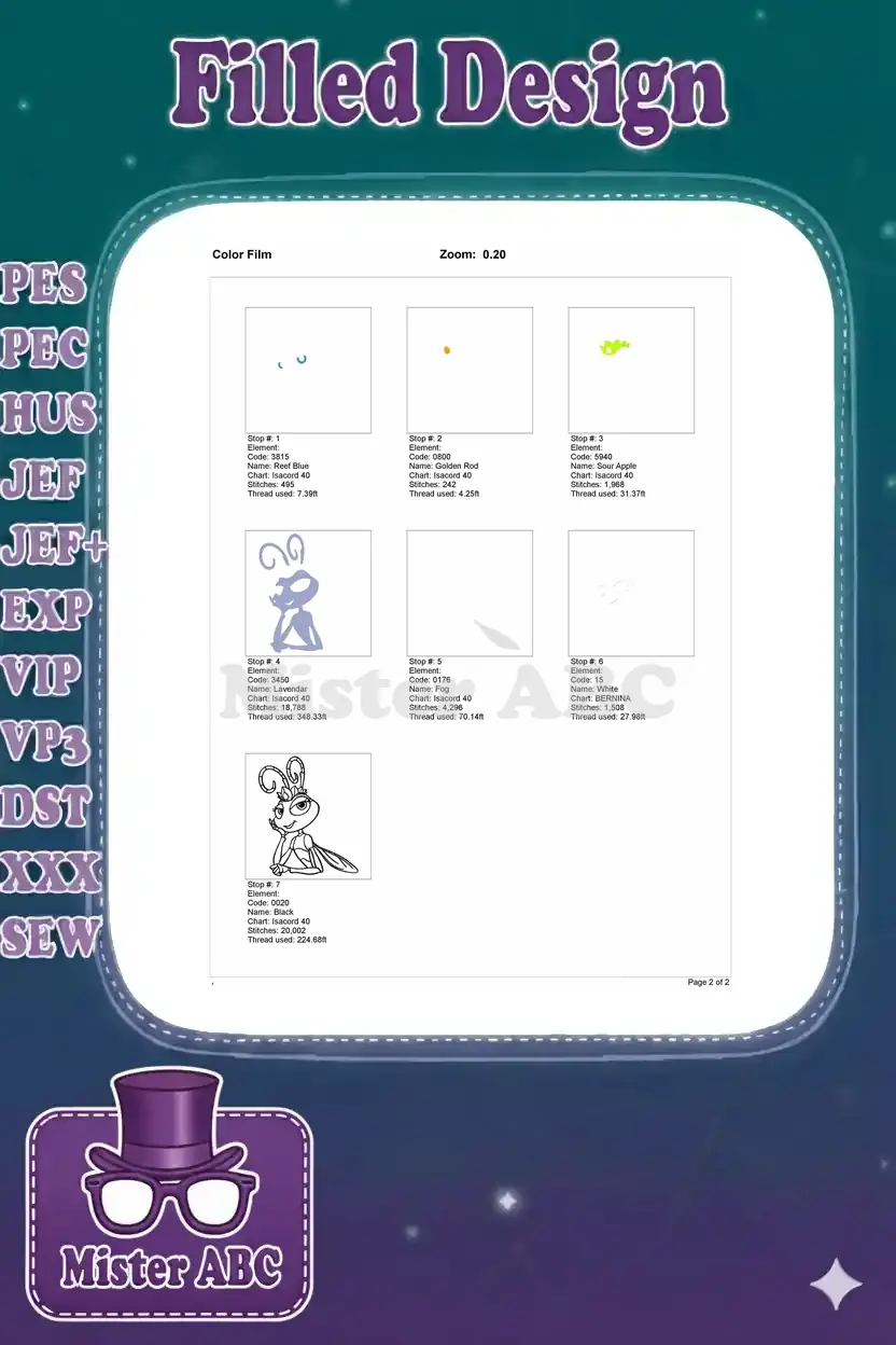 A multi-panel color film showing the step-by-step embroidery process for Princess Atta, indicating thread changes and stitch progression.