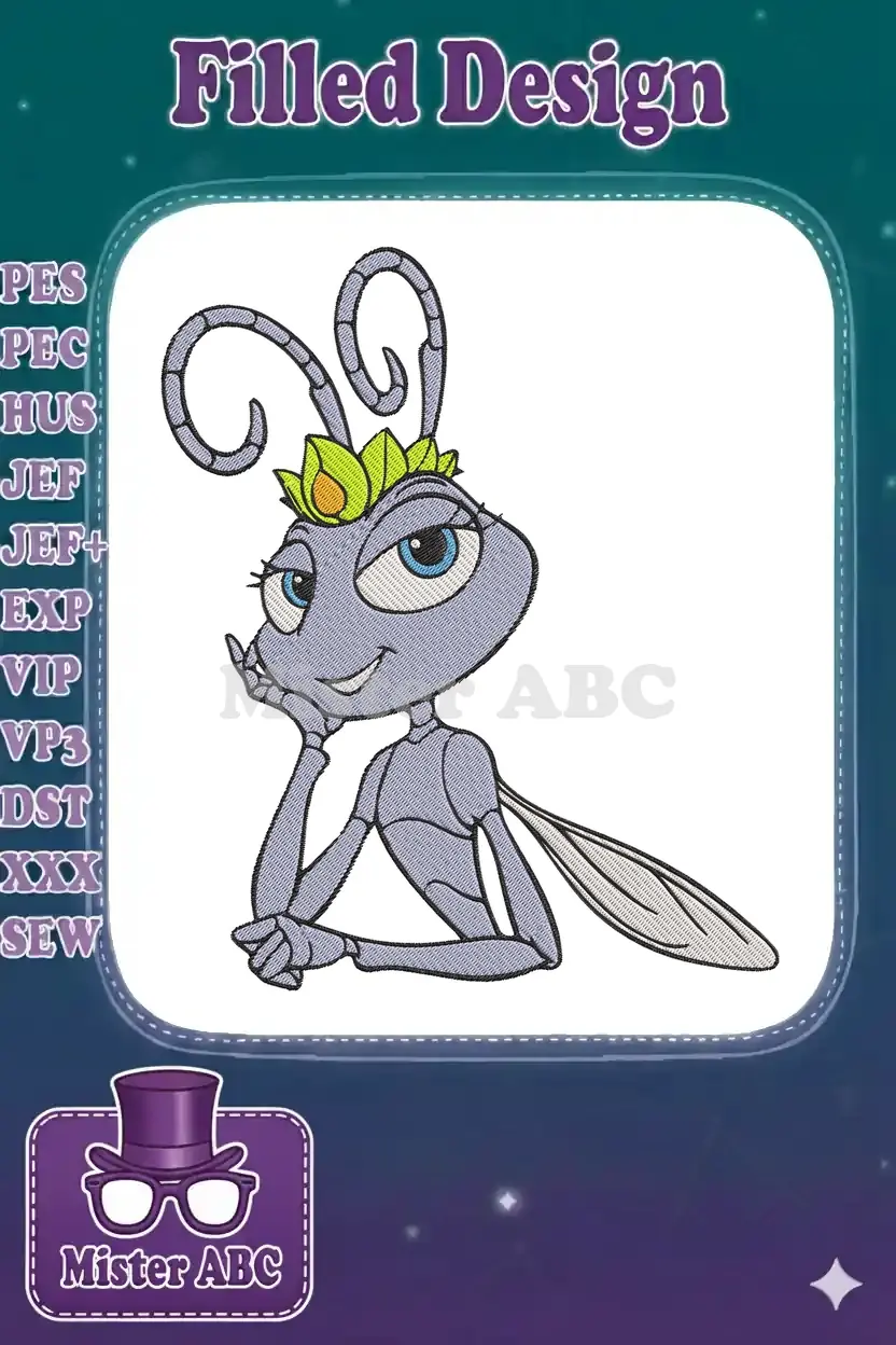 An enchanting embroidery design featuring Princess Atta from Disney Pixar's A Bug's Life, adorned with a green crown.