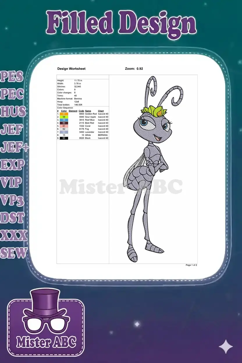 Embroidery design worksheet for Princess Dot, showing dimensions, stitch count, color sequence, and thread chart.