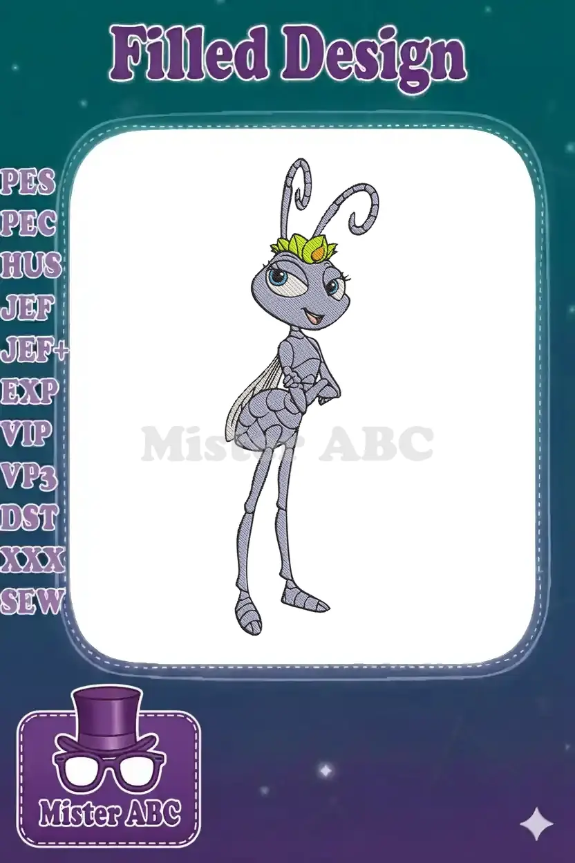 Princess Dot from A Bug's Life embroidery design, featuring her purple body, green crown, and blue eyes.