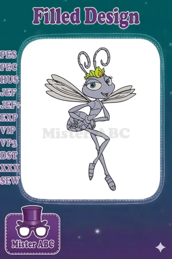 A vibrant embroidery design of Princess Atta from A Bug's Life, featuring delicate wings and a regal crown.