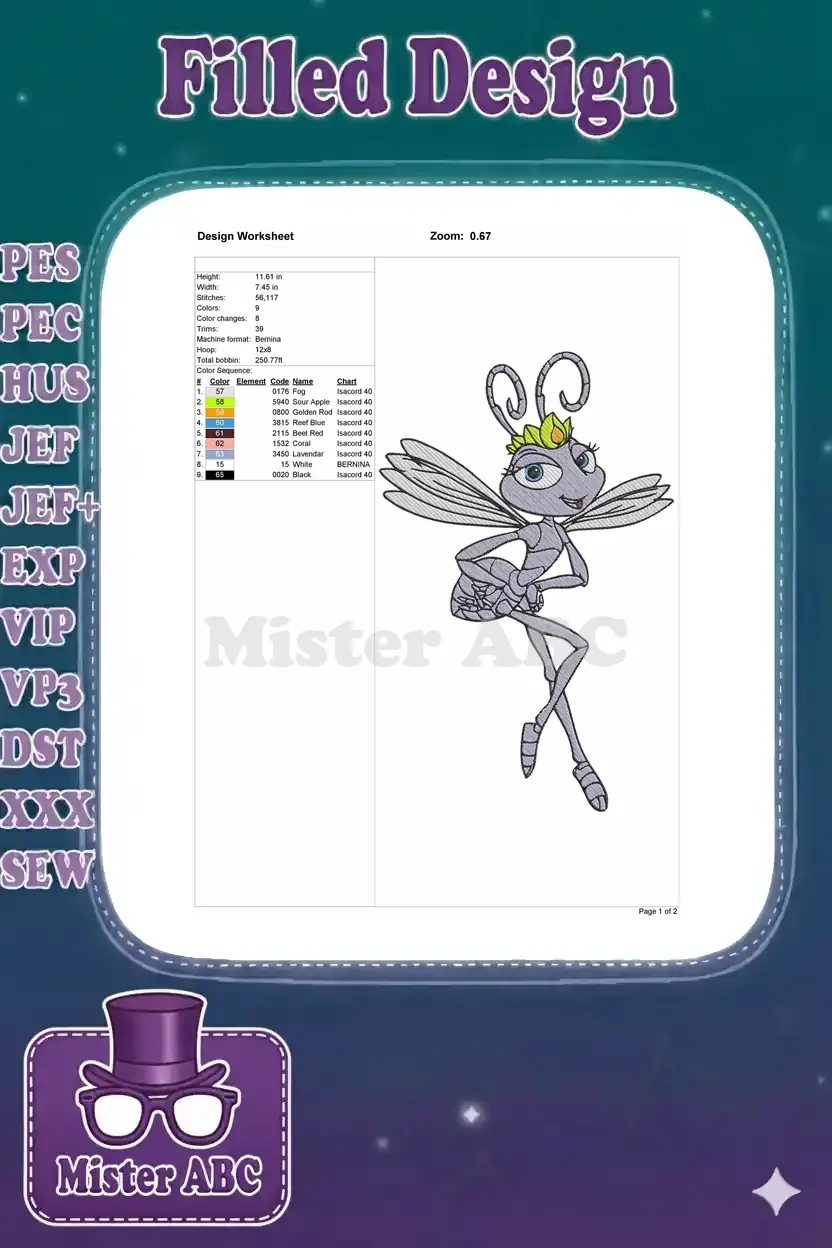 A detailed embroidery design worksheet for Princess Atta, displaying dimensions, stitch count, and color palette.