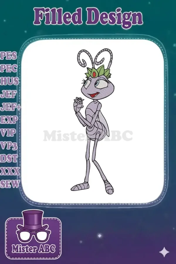 Close-up embroidery design of Princess Atta from A Bug's Life, featuring her purple body, green crown, and expressive face.