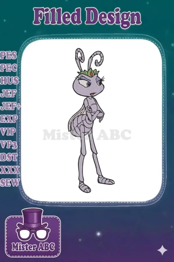 Full-body embroidery design of Princess Atta from Disney Pixar's A Bug's Life, featuring her iconic lavender color.