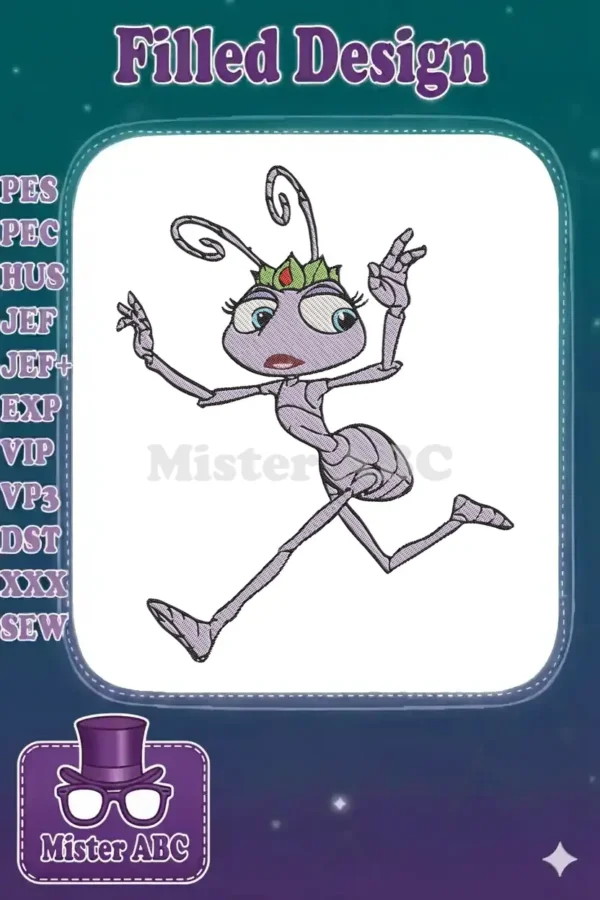 Princess Atta embroidery design, featuring the beloved ant princess in mid-action with detailed stitching.