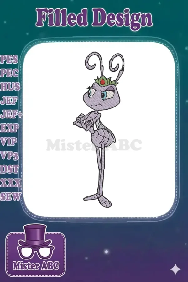 A vibrant embroidery design of Princess Atta from A Bug's Life, featuring her lavender body and crown.
